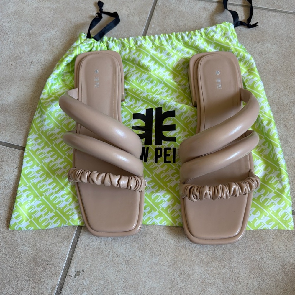 JW PEI Beige Tan Ruched Strap Square Toe Sandals